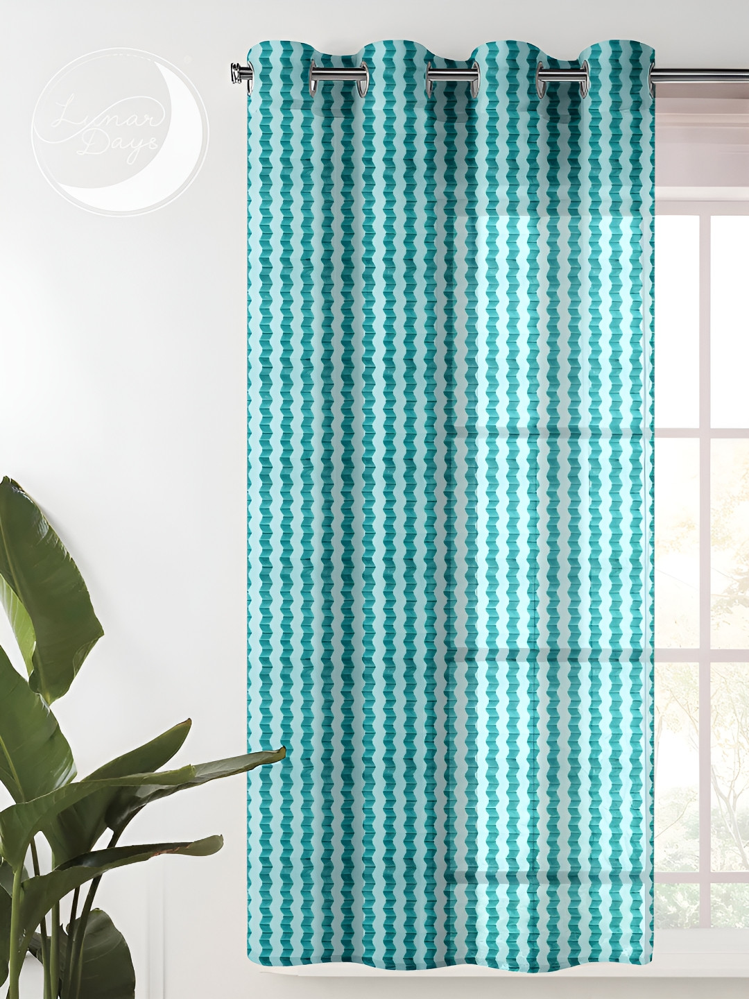 Lunar Days Blue & White Eyelet Striped Sheer Window Curtain