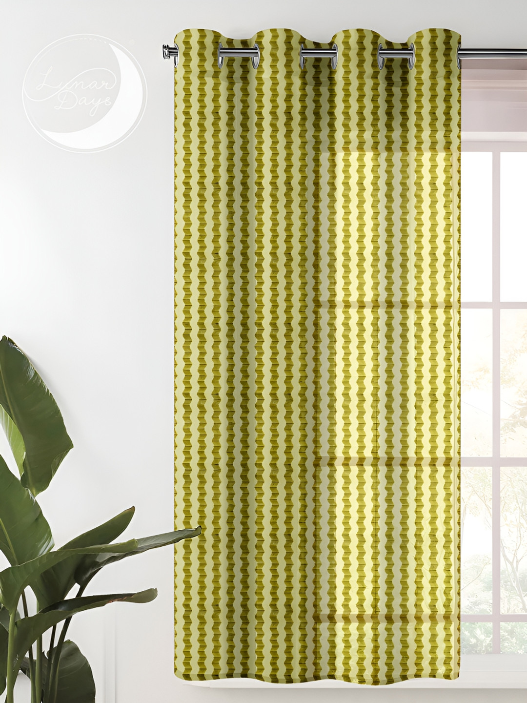 Lunar Days Green & White Eyelet Striped Sheer Window Curtain