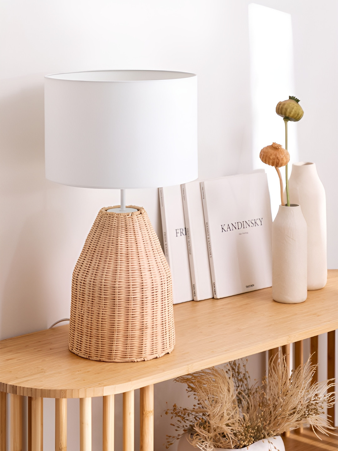 akway White & Beige Contemporary Cylindrical Shaped Wooden Table Lamp