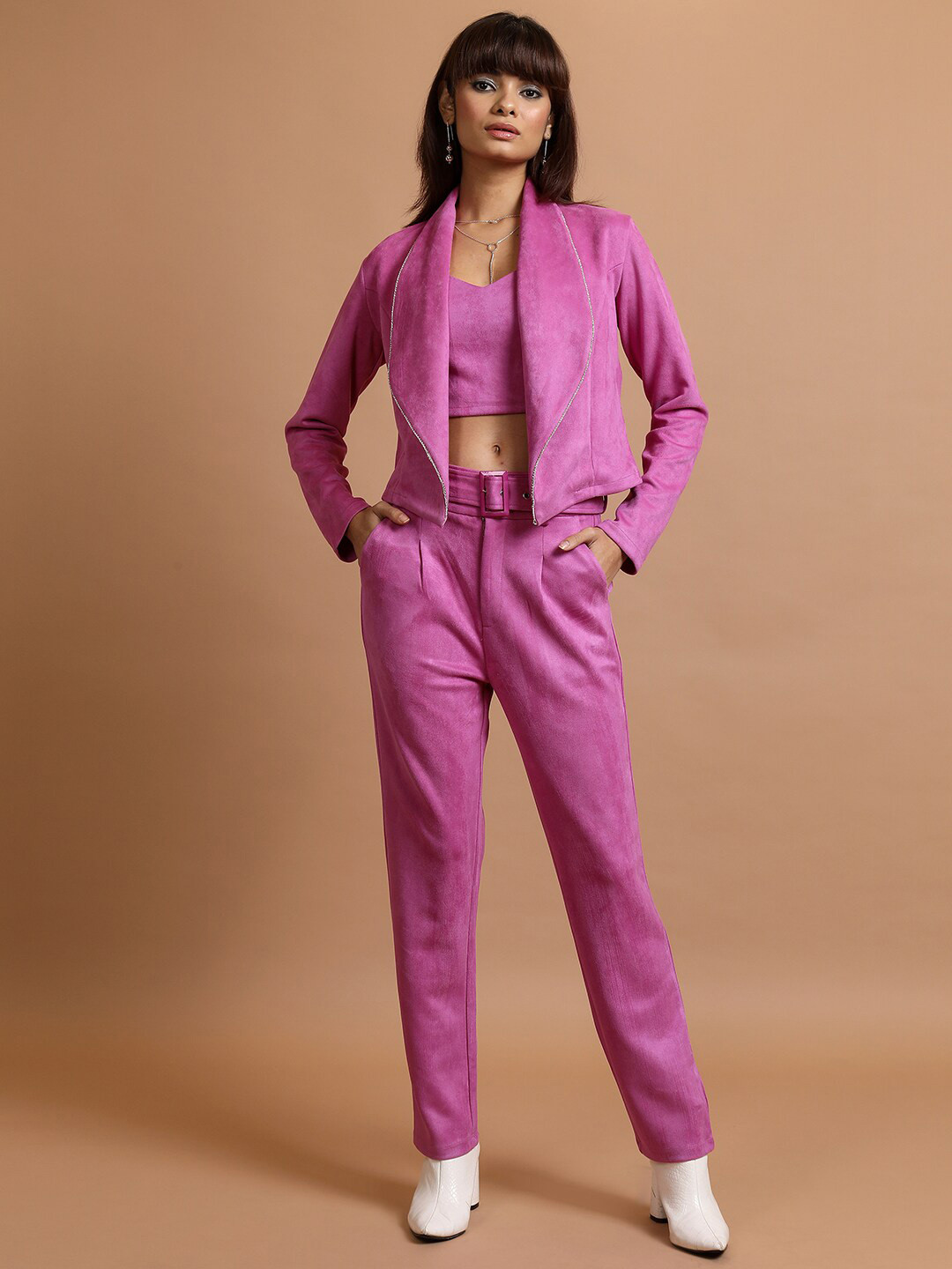 Tokyo Talkies V-Neck Crop Top With Shawl-Collar Blazer & Trousers