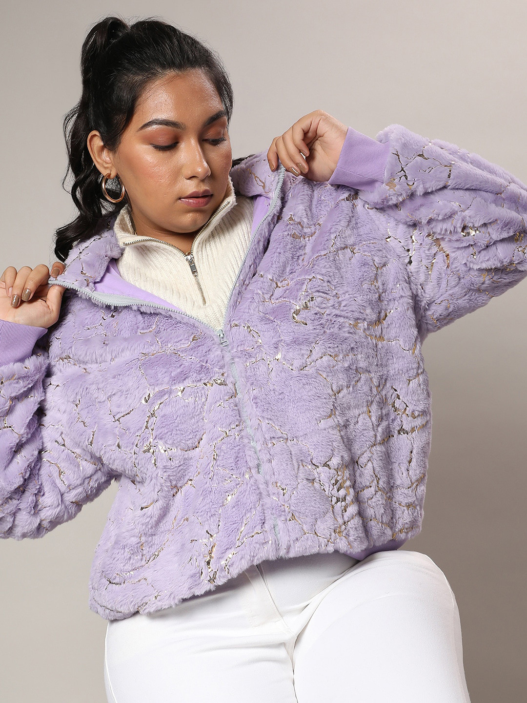 Instafab Plus Metallic Self Design Windcheater Outdoor Hooded Tailored Jacket