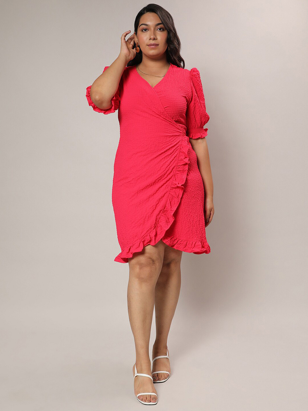 Instafab Plus V-Neck Puff Sleeves Wrap Dress