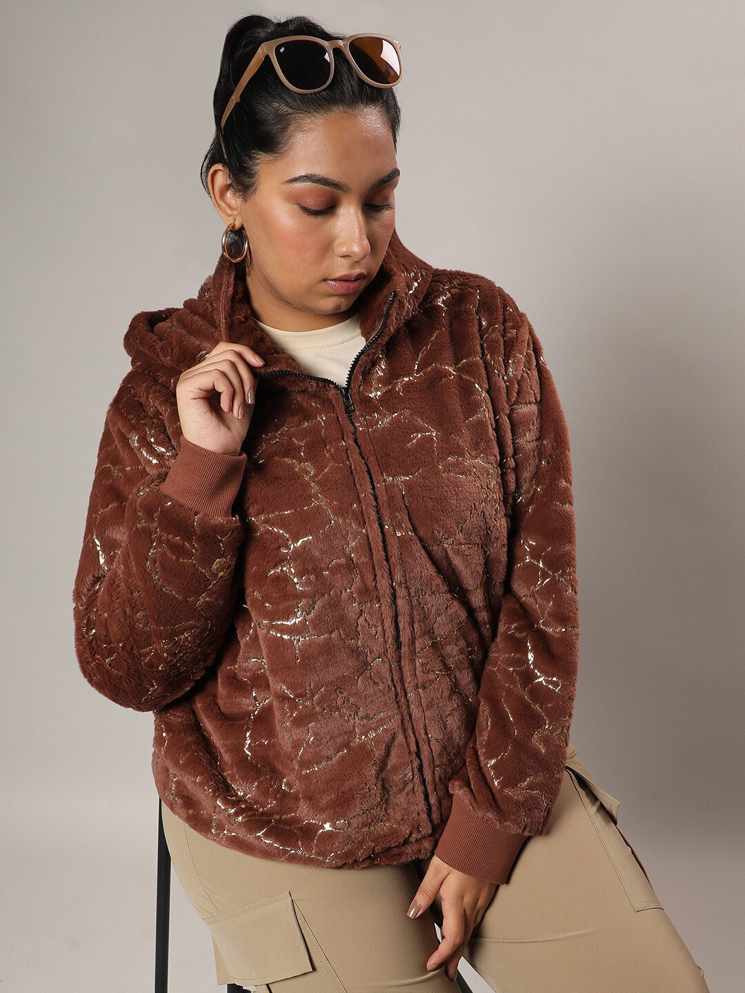 Instafab Plus Metallic Self Design Windcheater Outdoor Hooded Tailored Jacket