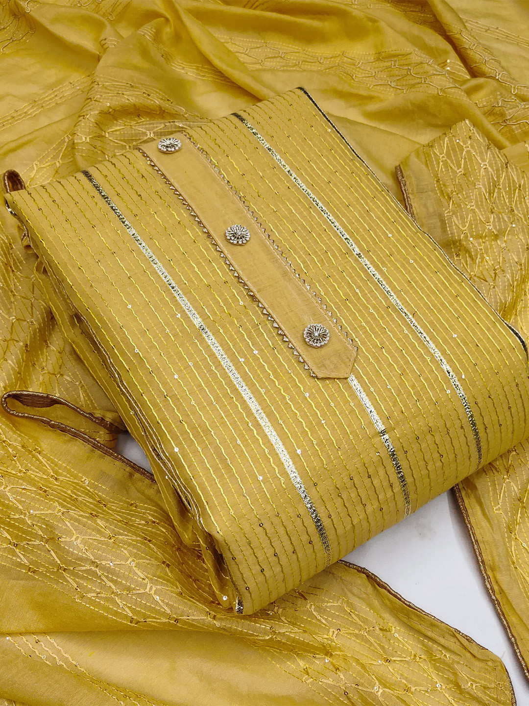 MANVAA Striped Unstitched Modal Chanderi Cotton Dress Material