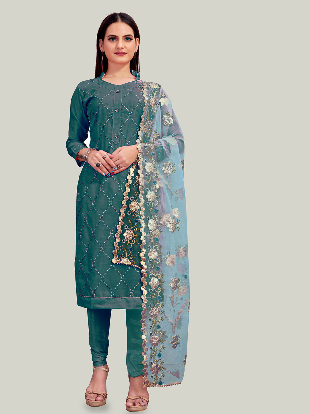 MANVAA Embroidered Unstitched Chanderi Dress Material