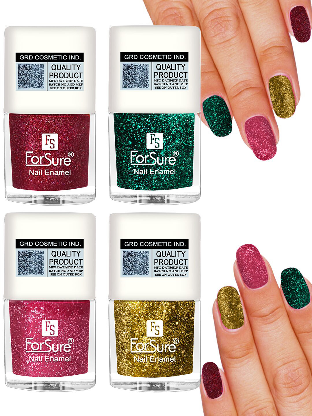ForSure Set of 4 High Shine Glitter Long Lasting Nail Enamel 5ml each - Shade 98-99-100-90