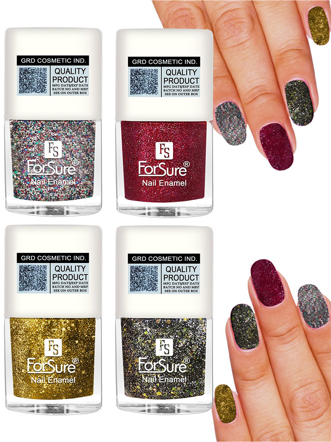 ForSure Set of 4 High Shine Glitter Long Lasting Nail Enamel 5 ml each - Shade 89-90-91-99