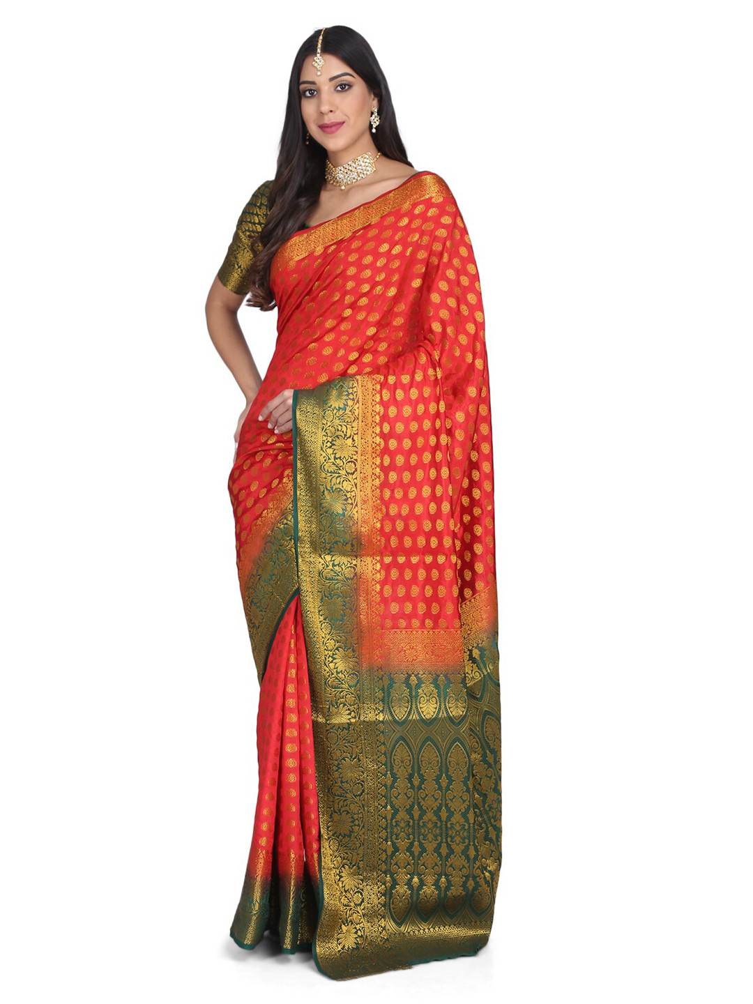 Mitera Red and Green Woven Design Zari Silk Fusion Banarasi Saree
