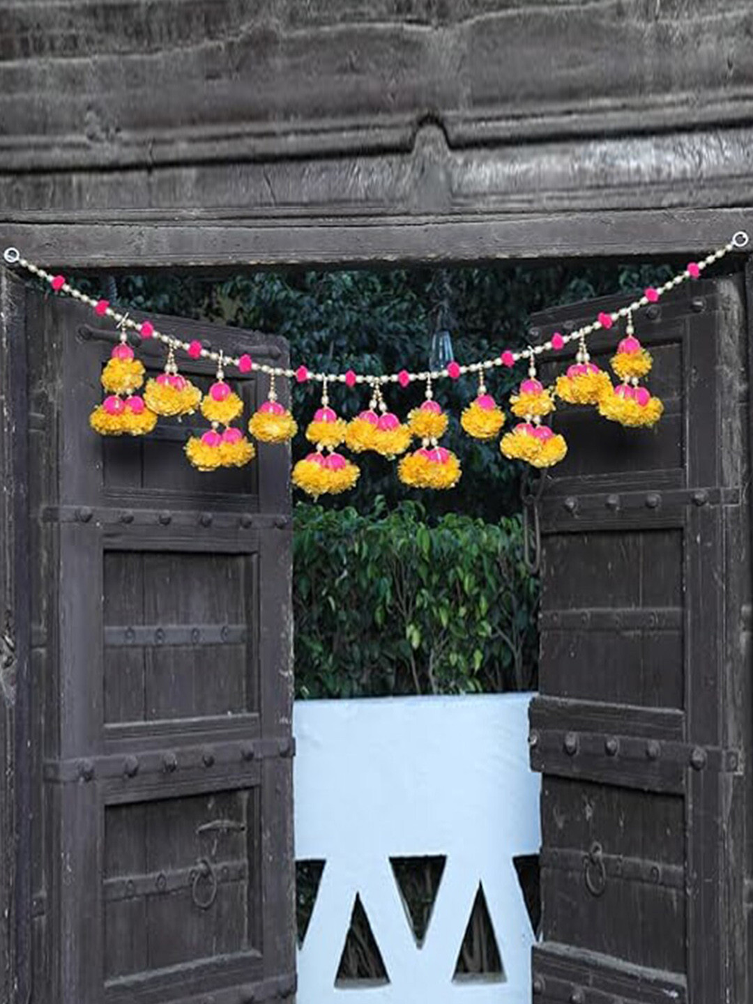 Kaameri Bazaar Yellow & Pink Beads Pom Pom Marigold Artificial Flowers