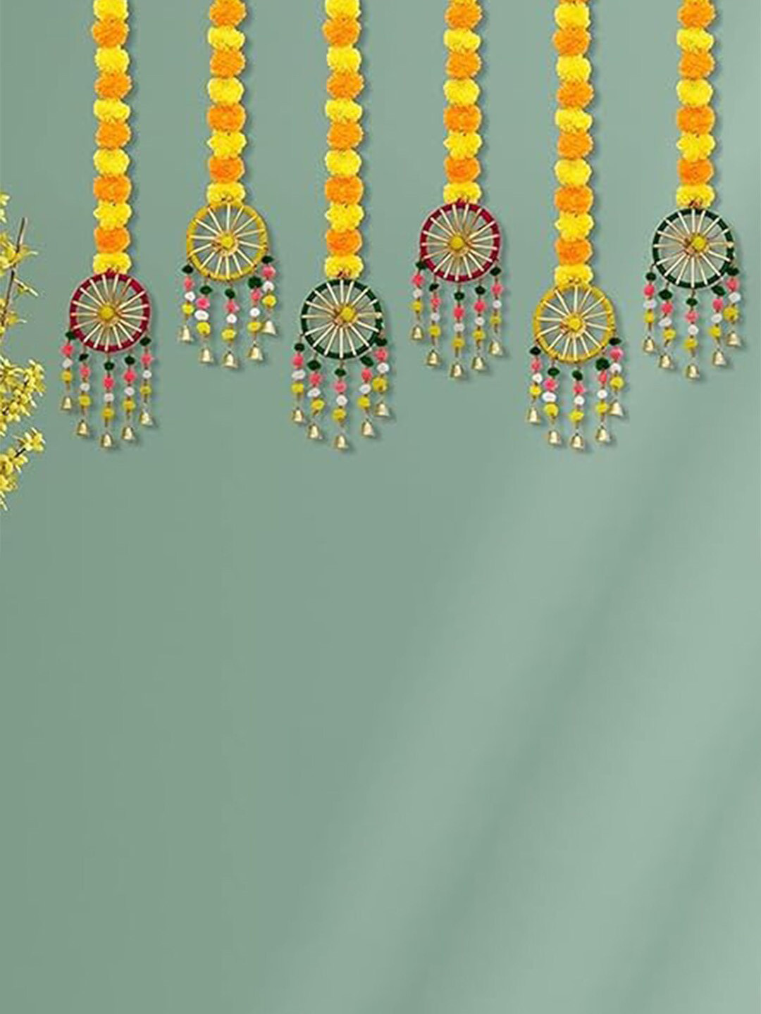 Kaameri Bazaar Yellow 6 Pieces Artificial Marigold Fluffy Flowers Hanging Toran