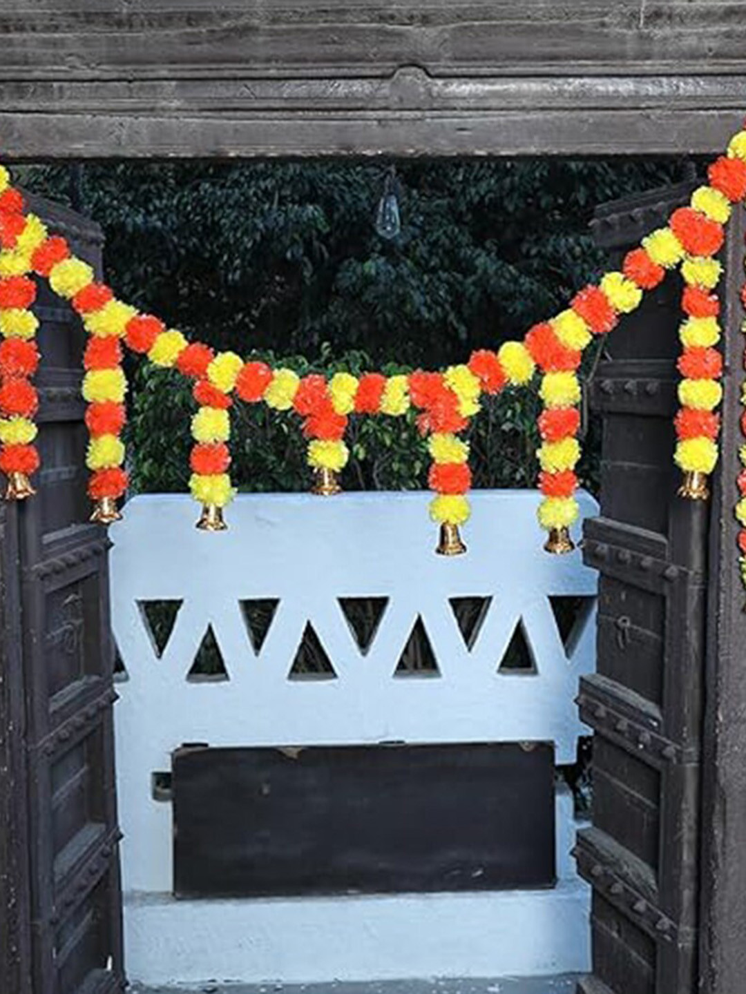 Kaameri Bazaar Orange & Yellow Hanging Marigold Artificial Flower Toran with Bells