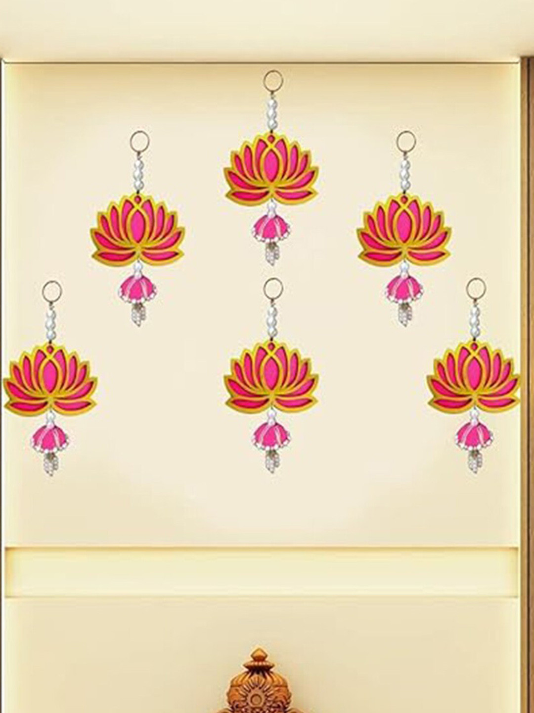 Kaameri Bazaar 6 Pcs Pink & Yellow Patterned Lotus Jumkha Hangings