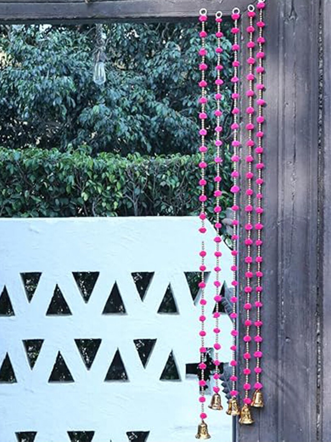 Kaameri Bazaar Magenta 5 Pieces Strings Pom Pom for Hanging Bandhanwar Toran