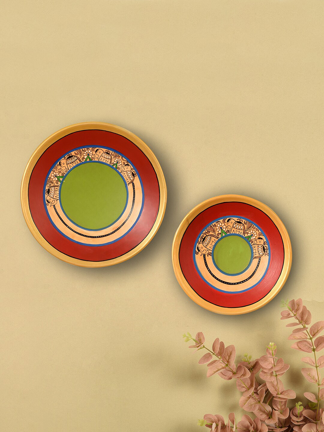 AAKRITI ART CREATIONS Ruby Radiance Clay Ethnic Motifs Matte Hall 2Pcs Wall Plates-7.1In