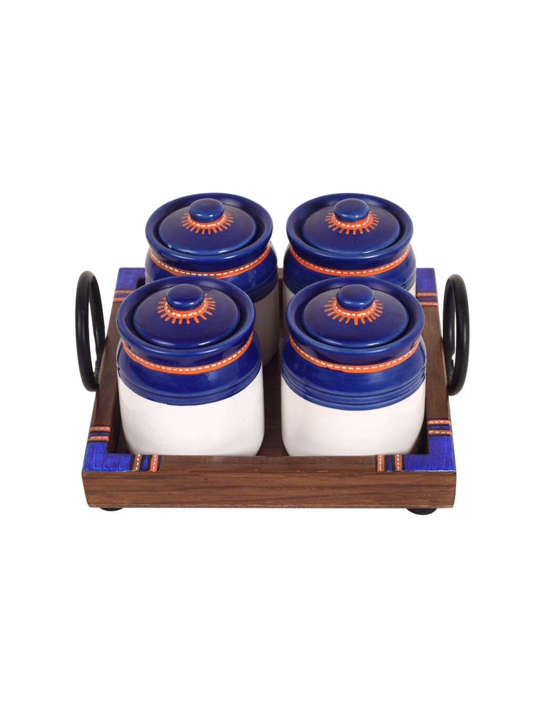 Aakriti Art Creations S04 W/Tray Blue Floral Ceramic 4 Piece Clip-On Jar