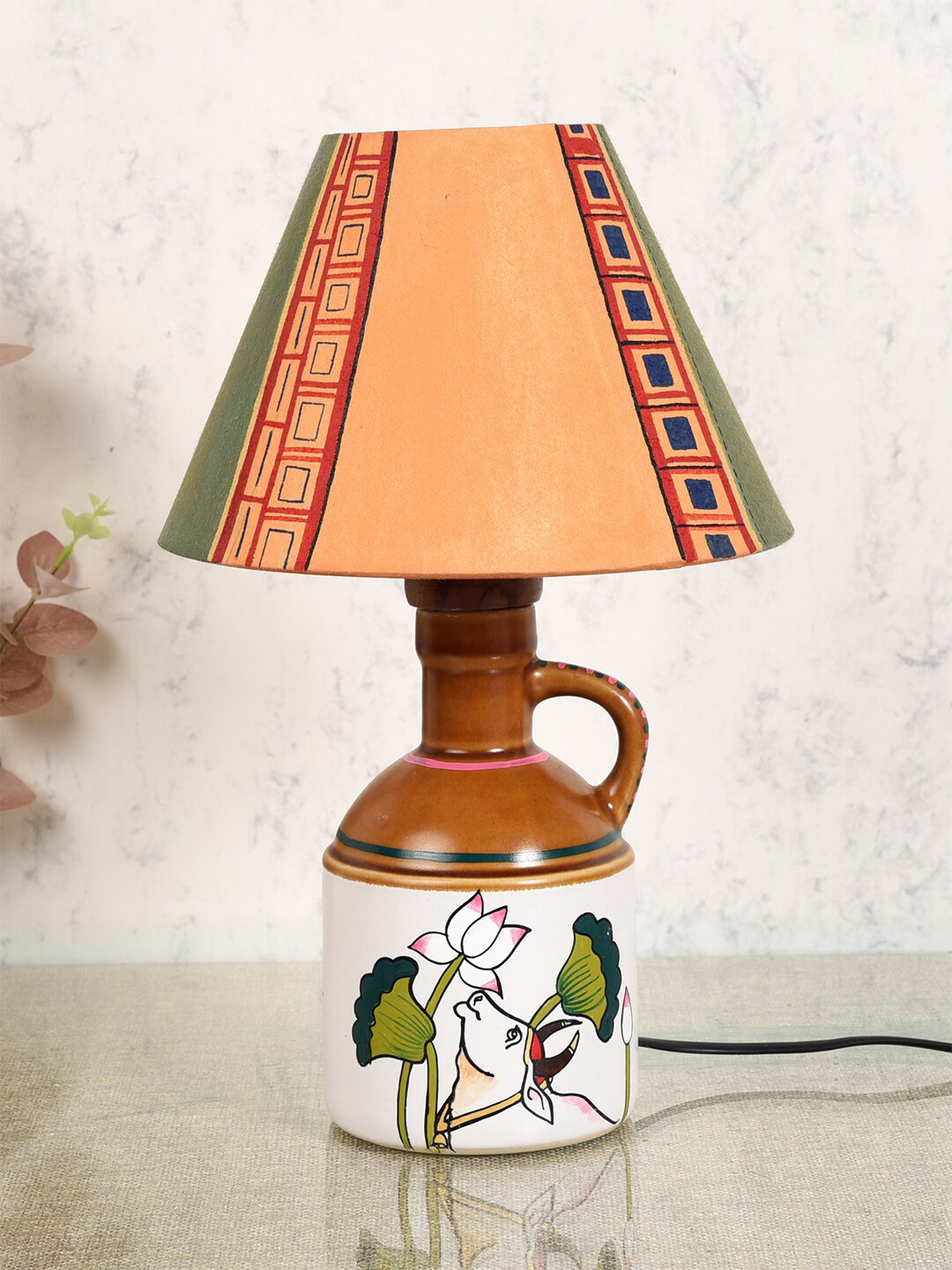 AAKRITI ART CREATIONS Orange & Green Printed Frustum Shaped Ceramic Table Lamp & Shade