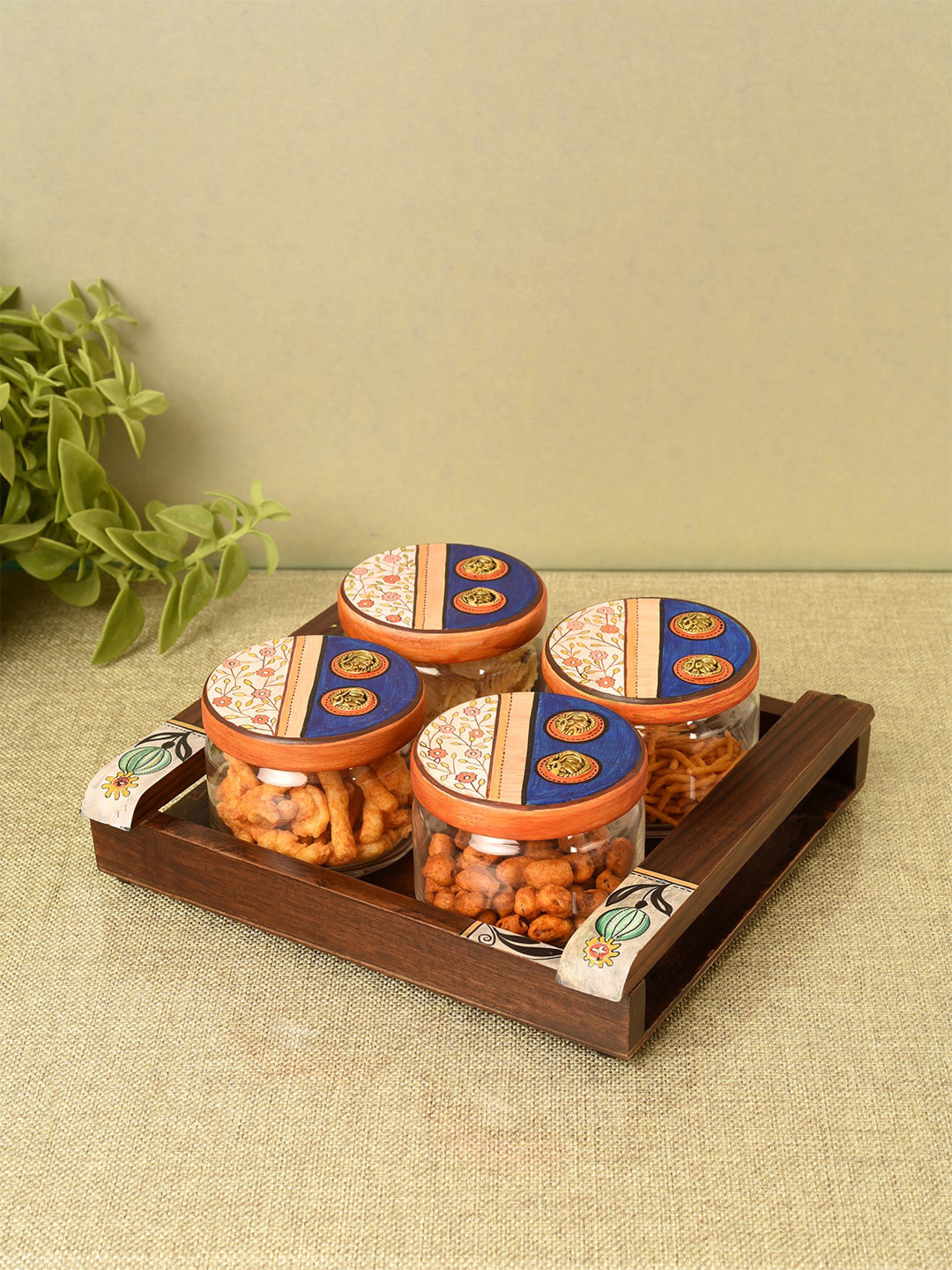 Aakriti Art Creations Artisan Munch Transparent Floral Wood 5 Piece Clip-On Jar