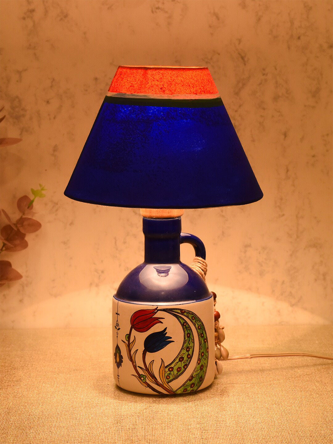 AAKRITI ART CREATIONS Blue & Red Floral Printed Frustum Shaped Ceramic Table Lamp & Shade