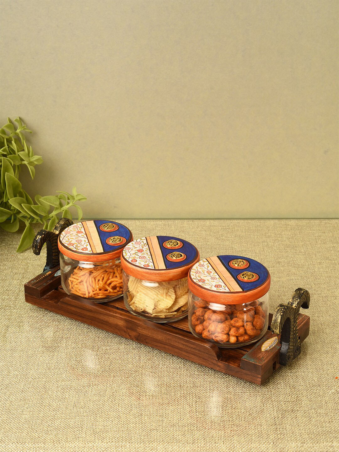 AAKRITI ART CREATIONS Transparent 4 Pieces Dishwasher Safe Glass Jars with Tray