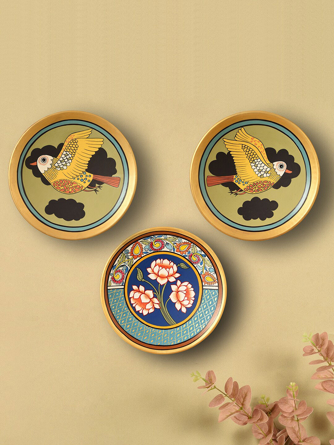 AAKRITI ART CREATIONS Avian Blossom Clay Glossy Hanging Hall 3Pcs Wall Plates-9.4In