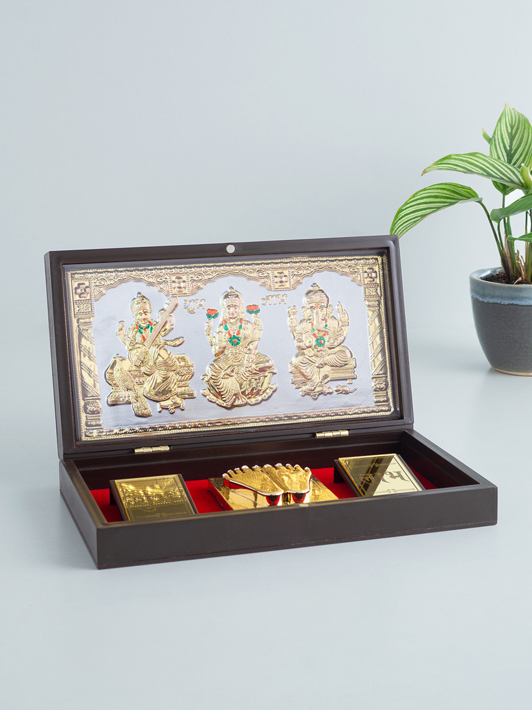 Golden Peacock 24 KT Gold Plated Laxmi, Ganesha, Saraswati Pooja Box