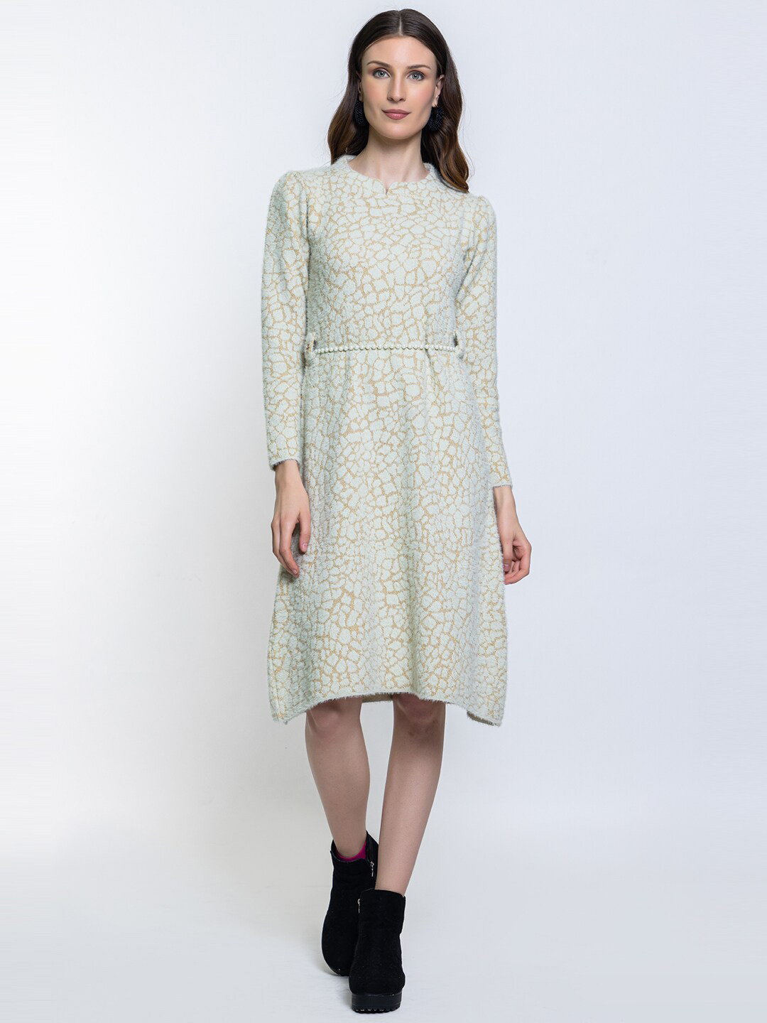 Elthia Self Design Woollen A-Line Sweater Dress