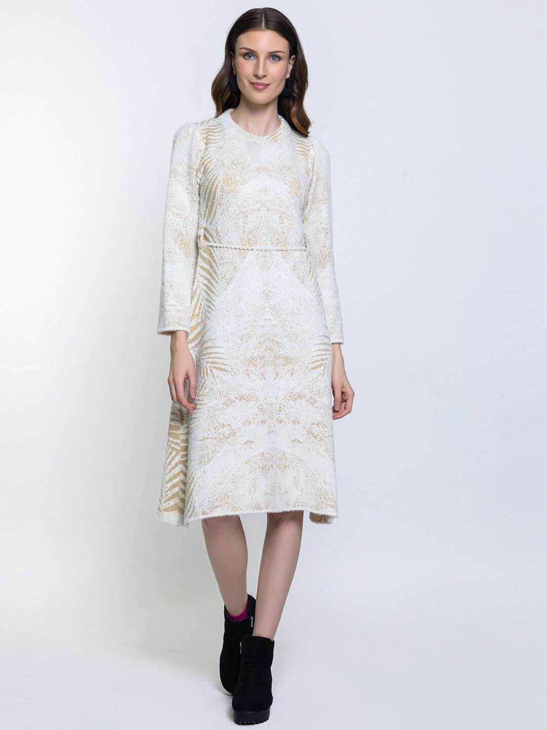 Elthia Abstract Printed Round Neck Woollen Midi Jumper Dress