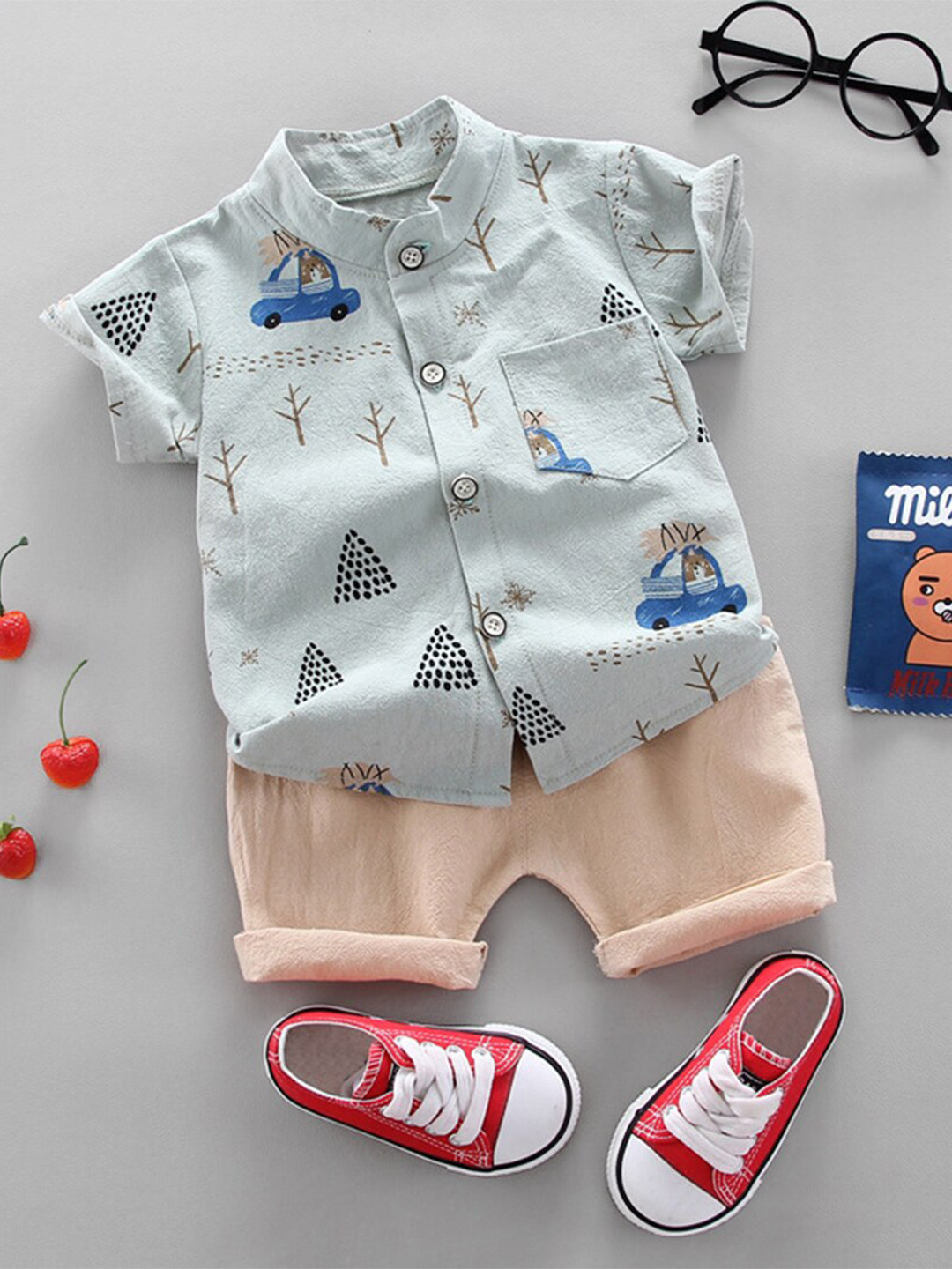 INCLUD Boys Conversational Printed Mandarin Collar Shirt With Shorts