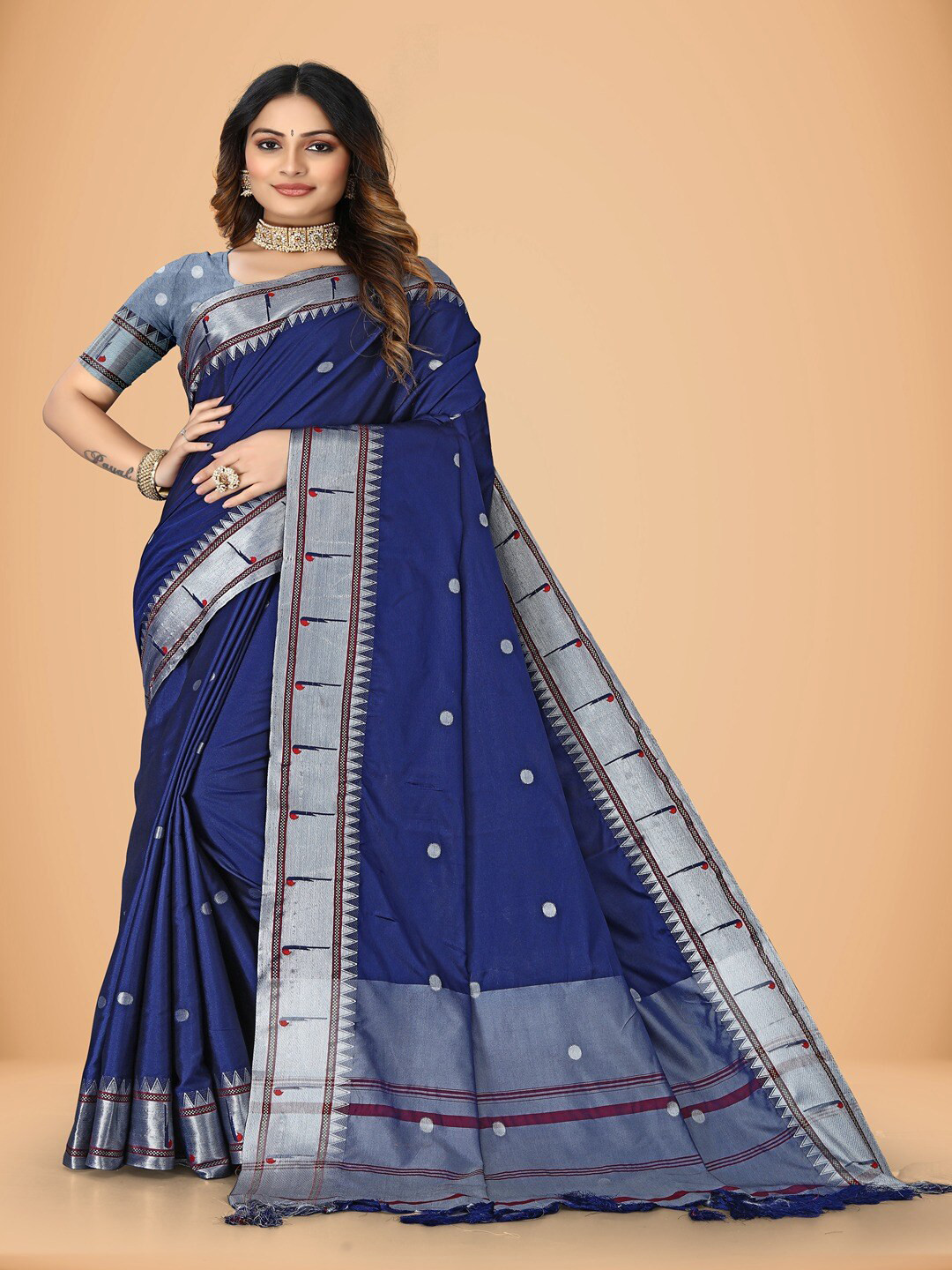 MAHAMANTRA Ethnic Motifs Woven Design Zari Silk Cotton Banarasi Saree