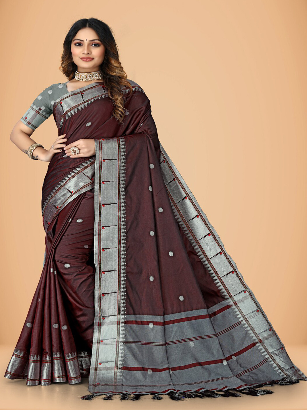 MAHAMANTRA Polka Dot Woven Design Zari Silk Cotton Banarasi Saree