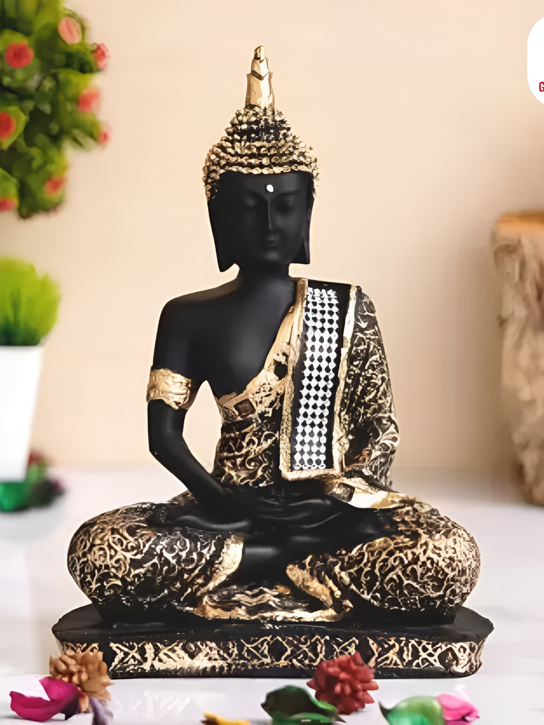 GW CREATIONS Beautiful Lord Gautam Buddhain Meditating Position Black Polyresin Matte Living Room Medium Showpiece - 2.4 Inches