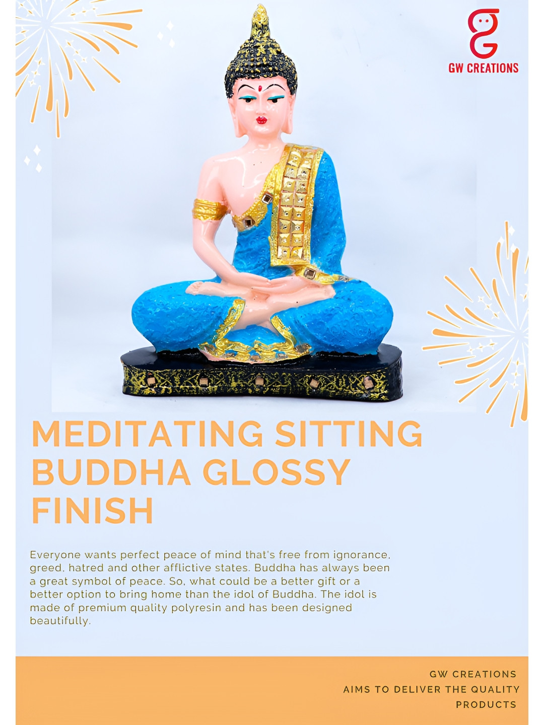 GW CREATIONS Lord Gautam Buddhain Meditating Position Blue Marble Glossy Living Room Medium Showpiece - 6.3 Inches
