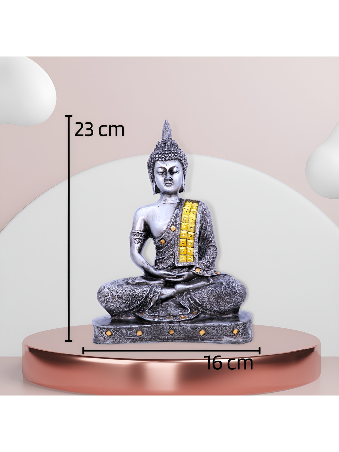 GW CREATIONS Lord Gautam Buddha in Meditating Position Grey Polyresin Glossy Living Room Medium Showpiece - 9.1 Inches