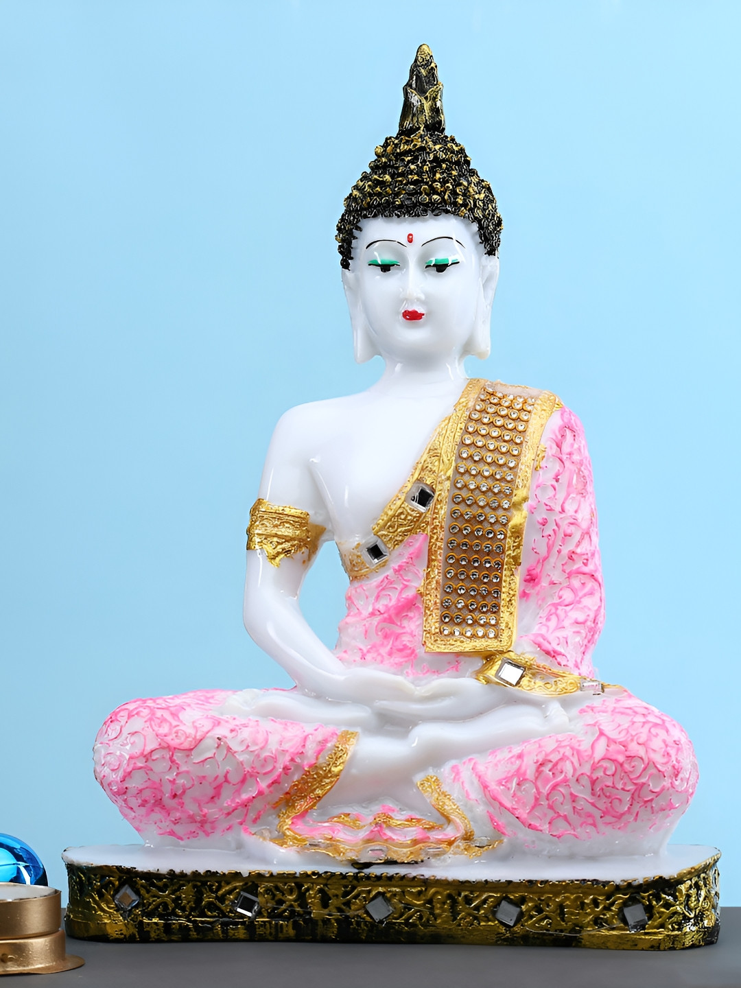 GW CREATIONS Lord Gautam Buddhain Meditating Position Pink Marble Glossy Living Room Medium Showpiece - 2.4 Inches