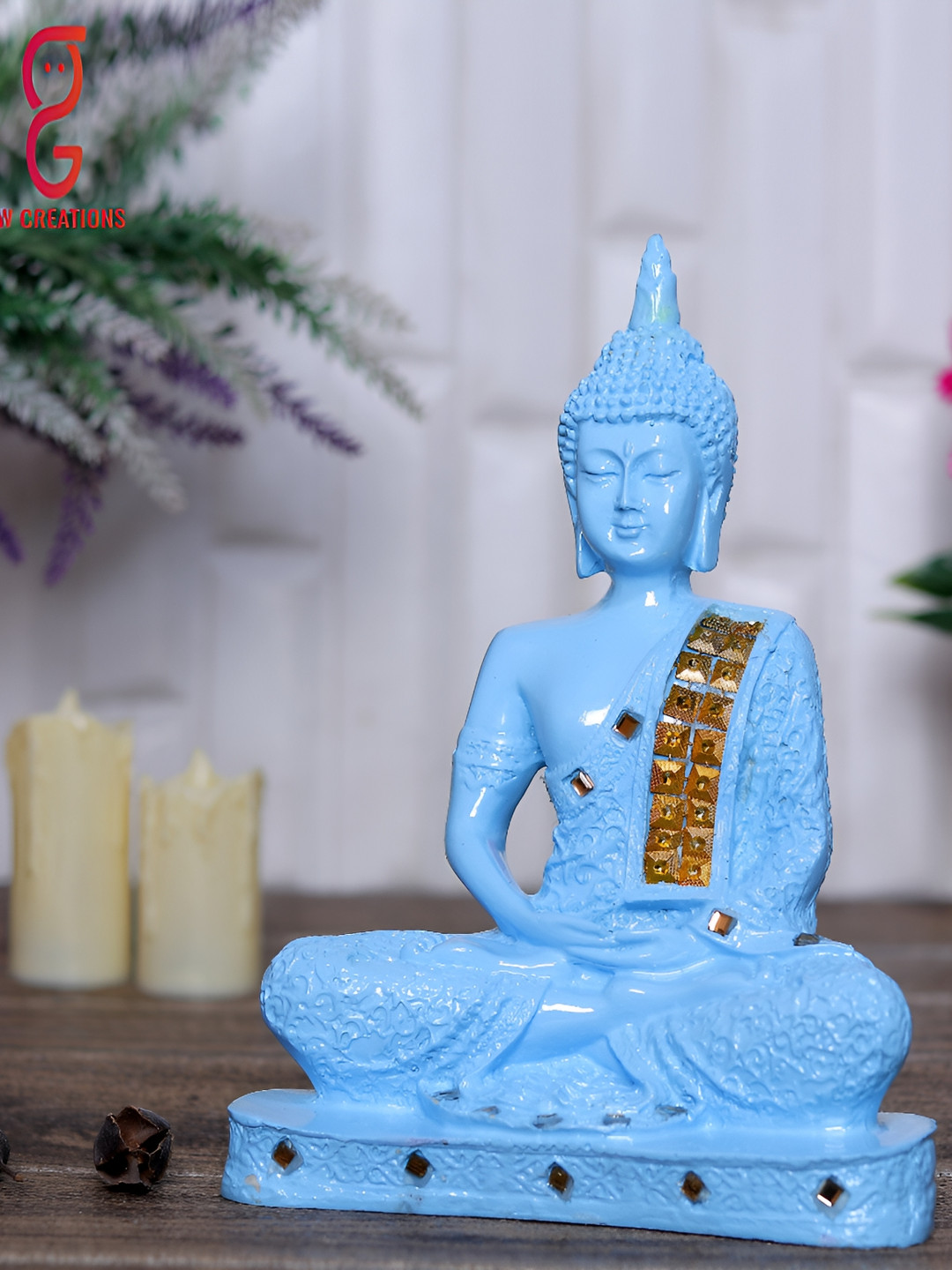 GW CREATIONS Gautam Buddha Meditating Position Blue Polyresin Glossy Living Room Medium Showpiece - 2.4 Inches
