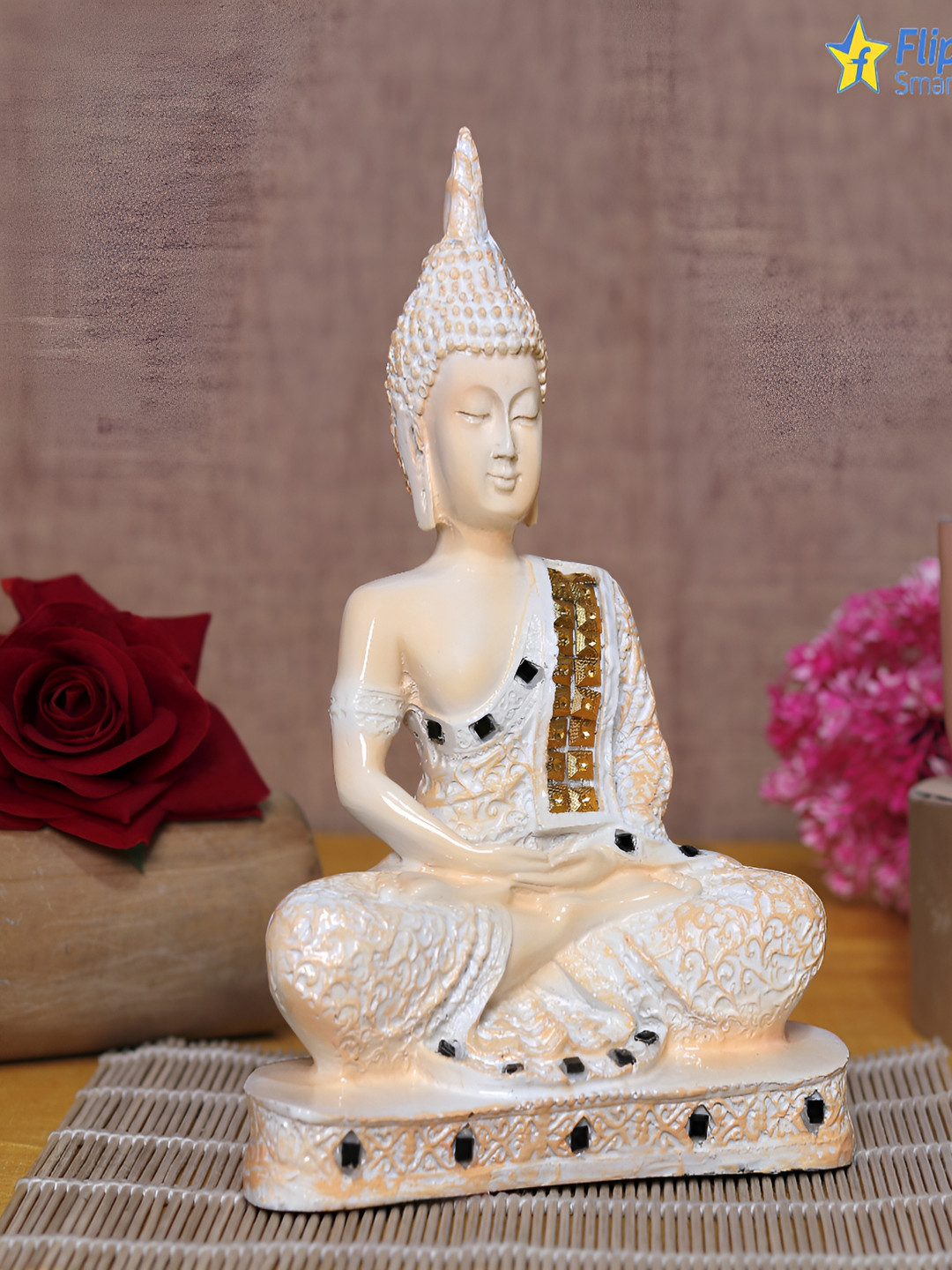 GW CREATIONS Beautiful Lord Gautam Buddhain Meditating Position Peach Polyresin Glossy Prayer Room Medium Showpiece - 6.3 Inches