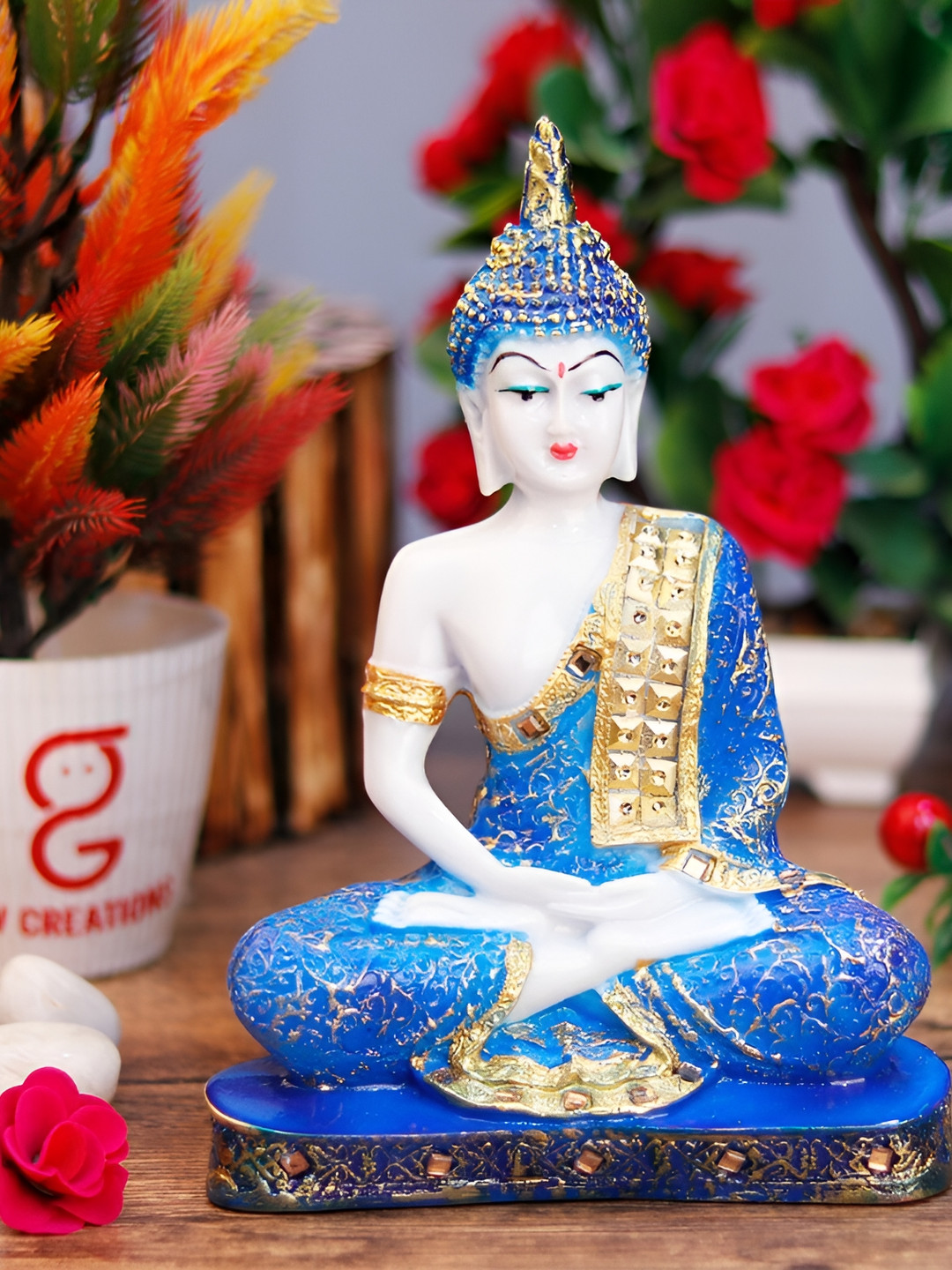 GW CREATIONS Beautiful Lord Gautam Buddhain Meditating Position Blue Marble Glossy Home Office Medium Showpiece - 6.3 Inches