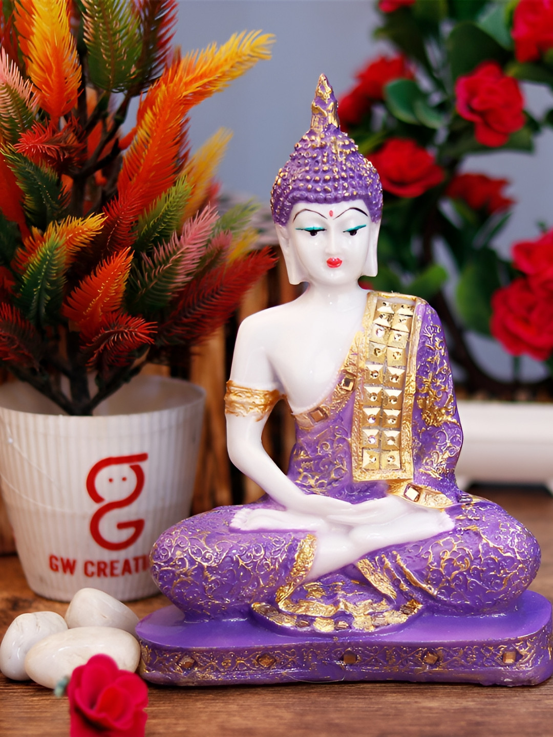 GW CREATIONS Gautam Buddha Meditating Position Purple Marble Glossy Home Office Medium Showpiece - 2.4 Inches