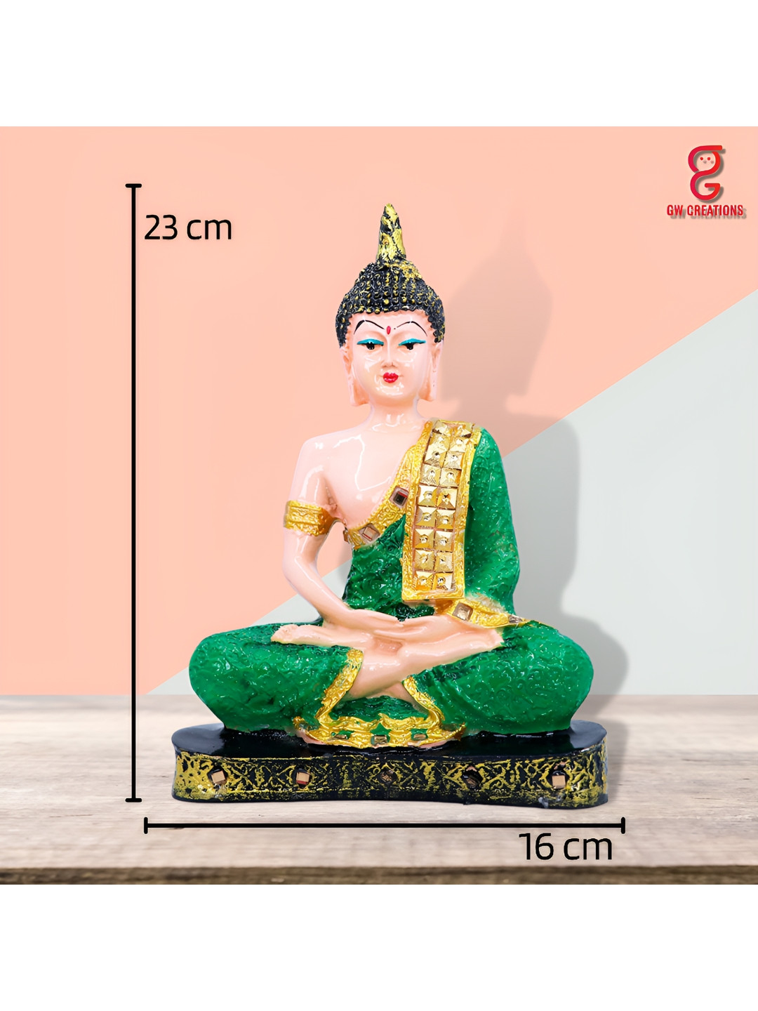GW CREATIONS Gautam Buddha in Meditating Position Green Polyresin Glossy Home Office Medium Showpiece - 2.4 Inches