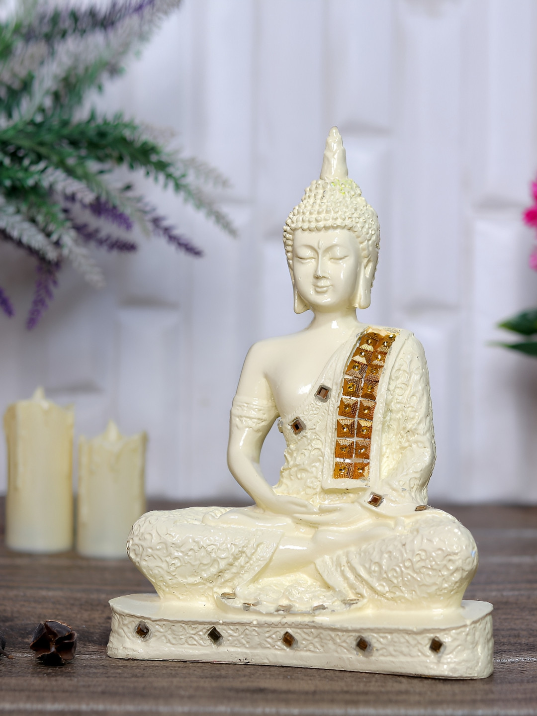 GW CREATIONS Lord Gautam Buddha in Meditating Position Yellow Polyresin Glossy Living Room Medium Showpiece - 9.4 Inches