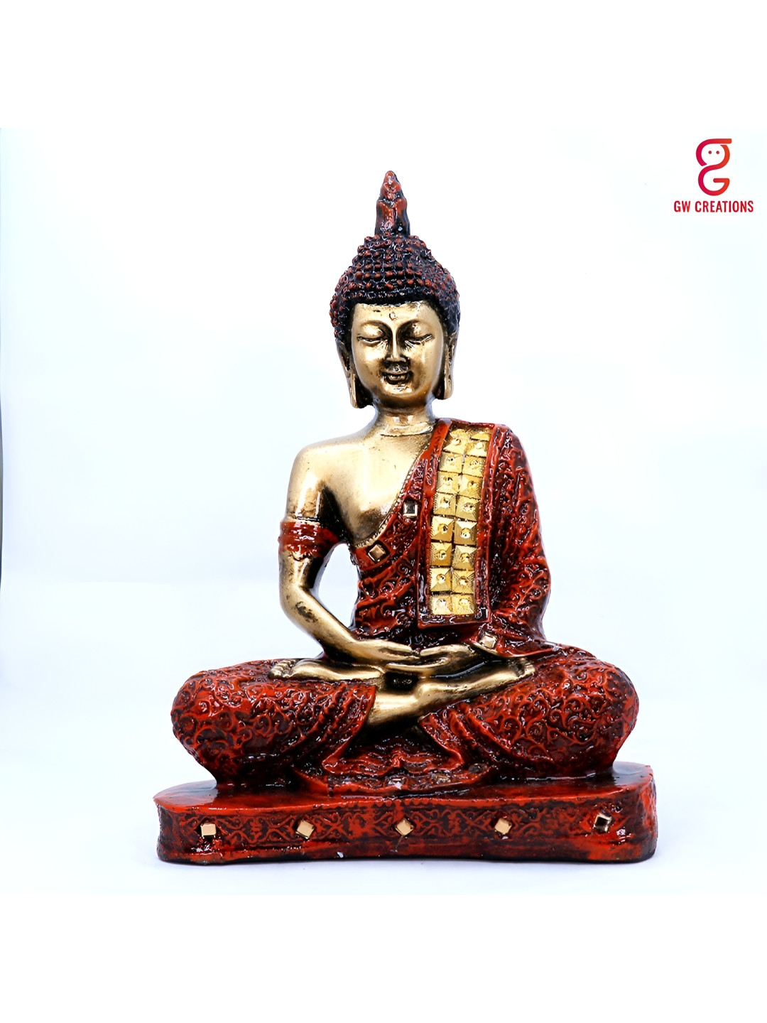 GW CREATIONS Lord Gautam Buddhain Meditating Position Red Marble Metallic Living Room Medium Showpiece - 9.1 Inches
