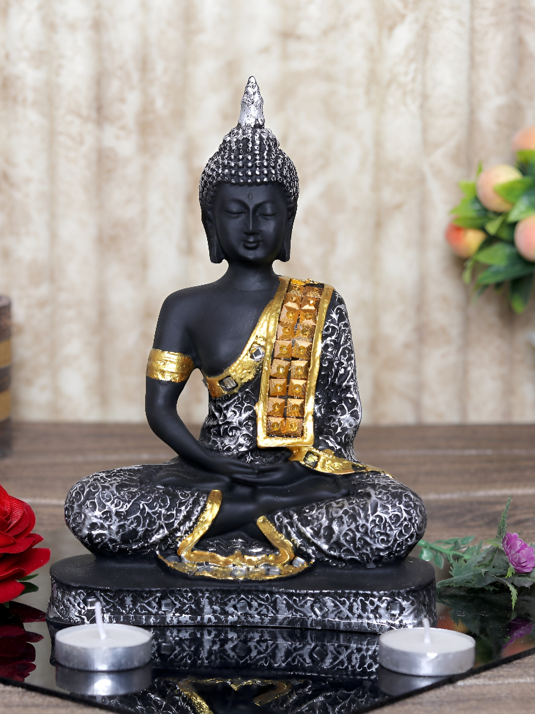 GW CREATIONS Gautam Buddha Meditating Position Black Marble Glossy Home Office Medium Showpiece - 9.4 Inches