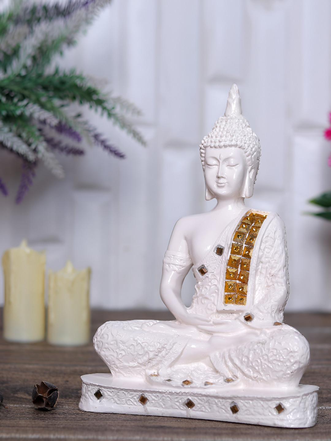 GW CREATIONS Gautam Buddha Meditating Position White Polyresin Matte Home Office Medium Showpiece - 6.3 Inches