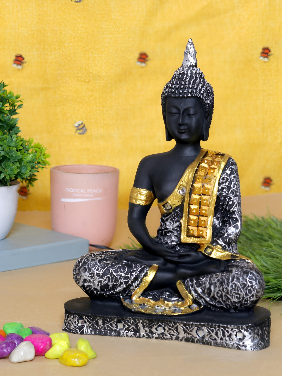GW CREATIONS Lord Gautam Buddhain Meditating Position Black Polyresin Natural Living Room Medium Showpiece - 6.3 Inches