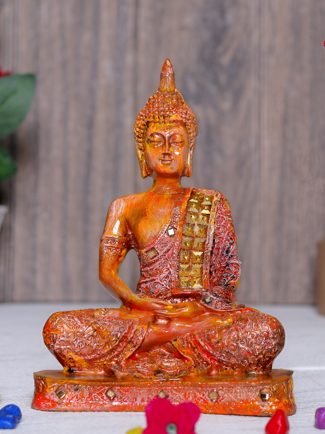 GW CREATIONS Gautam Buddha Meditating Position Brown Marble Glossy Home Office Medium Showpiece - 2.4 Inches