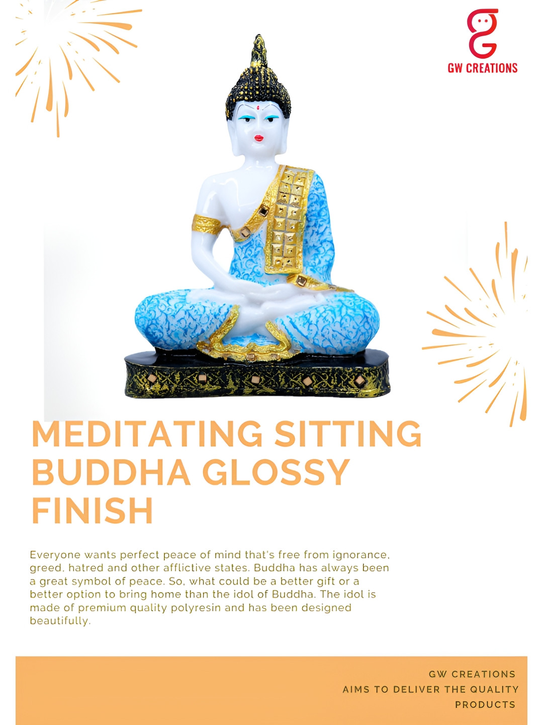 GW CREATIONS Lord Gautam Buddhain Meditating Position Blue Marble Natural Prayer Room Medium Showpiece - 9.4 Inches