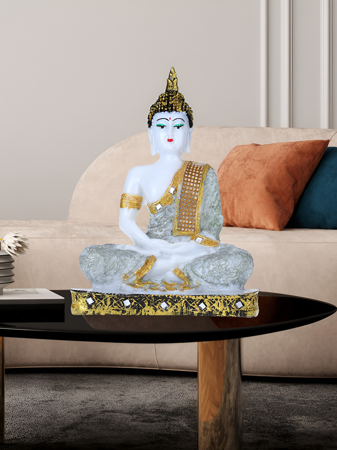 GW CREATIONS Beautiful Lord Gautam Buddhain Meditating Position White Marble Natural Living Room Medium Showpiece - 9.4 Inches