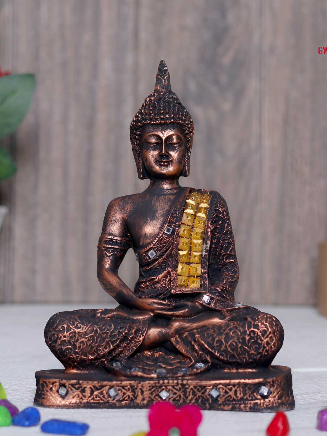 GW CREATIONS Gautam Buddha Meditating Position Copper Marble Glossy Living Room Medium Showpiece - 2.4 Inches