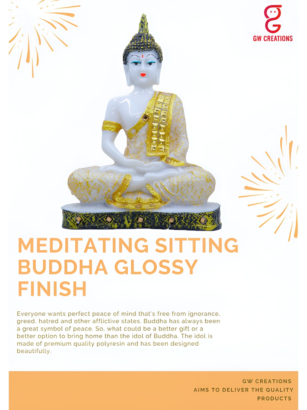 GW CREATIONS Gautam Buddha Meditating Position White Polyresin Glossy Living Room Medium Showpiece - 6.3 Inches