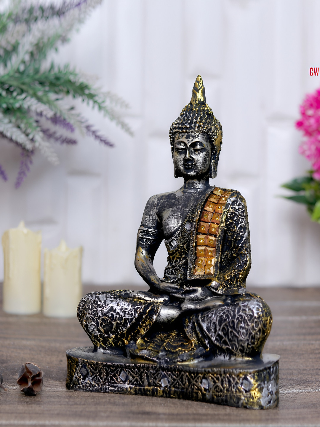 GW CREATIONS Lord Gautam Buddhain Meditating Position Black Polyresin Natural Living Room Medium Showpiece - 2.4 Inches